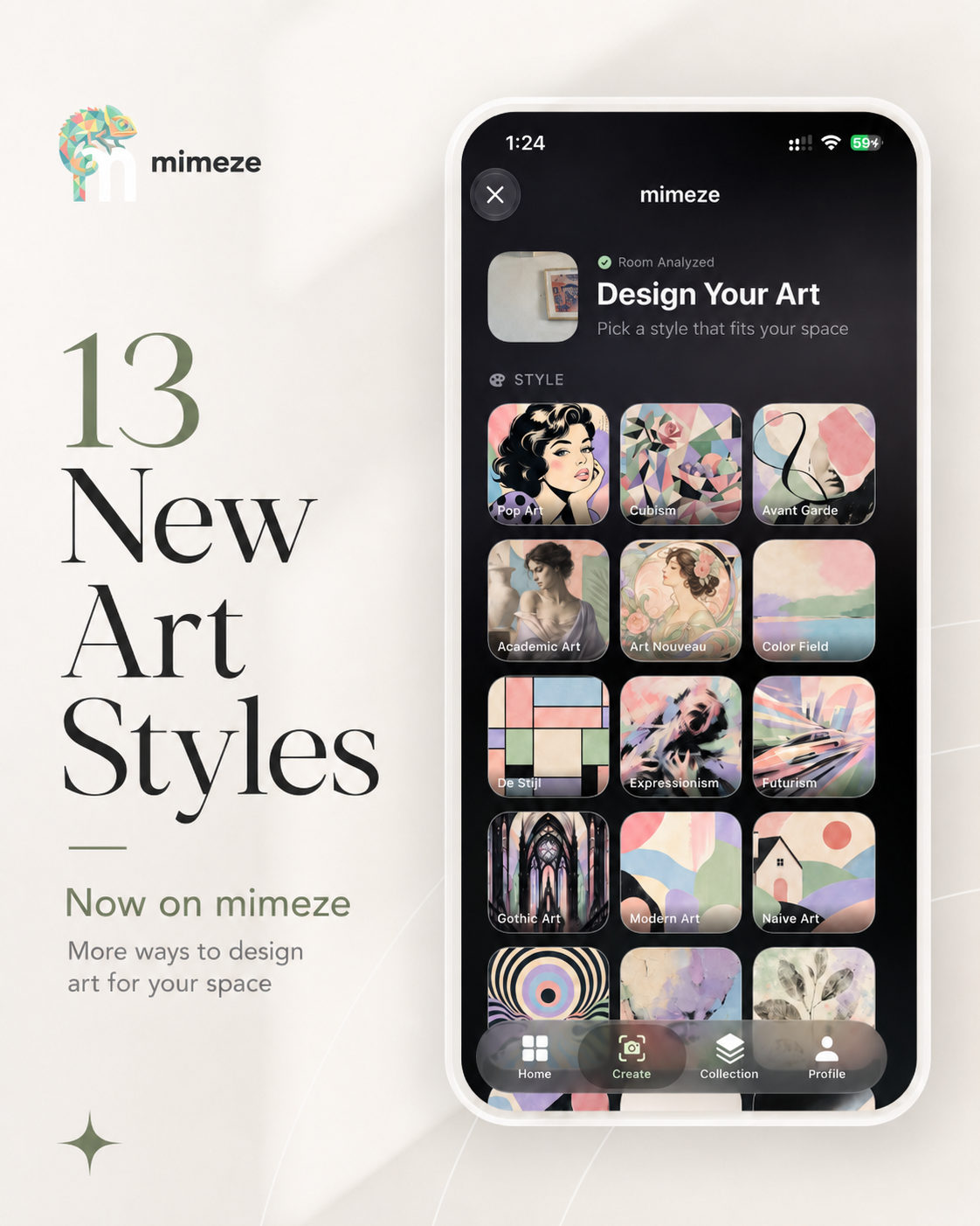 mimeze.app Screen mit neuen Art Styles